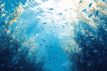 Underwater kelp forest, fish swimming, sun rays, ocean scene, nature background