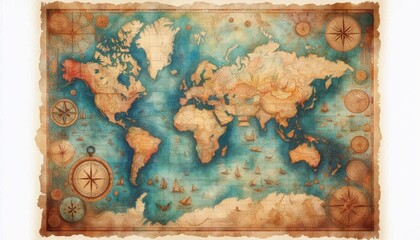 World map painted in watercolor, hand-drawn on old papyrus