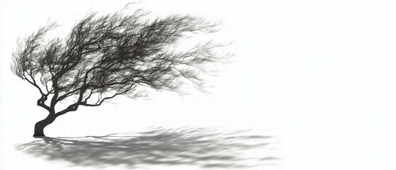 Fototapeta premium Wind-swept tree silhouette casting shadow on a misty background