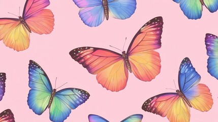 Cute and colorful butterfly wings scattered playfully across a pink pastel background in a seamless design.