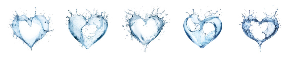 set of different fresh water splashes in heart love shape isolated on white or transparent png