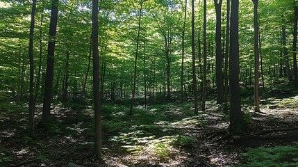 Obraz premium Sunlit forest path, lush greenery, dappled sunlight, peaceful nature scene, background for website