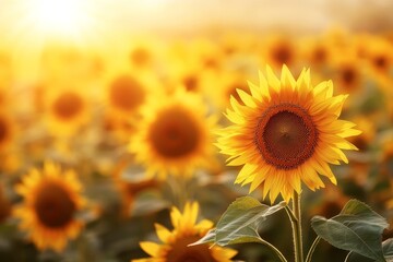 Obraz premium Sunlit sunflowers, field, sunset, nature, idyllic scene, summer