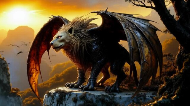 A powerful mythical creature with a lion's body, dragon wings, and glowing eyes stands on a rocky cliff at sunset. Its dark, scaled body contrasts with the golden sky, creating a dramatic fantasy scen