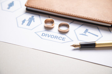Document and wedding rings. Divorce