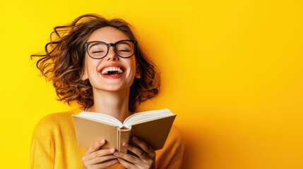 Young woman with glasses joyfully reading book against yellow background, expressing happiness and enthusiasm