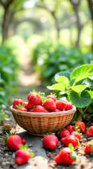 wicker basket full of freshly picked red strawberries in a setting