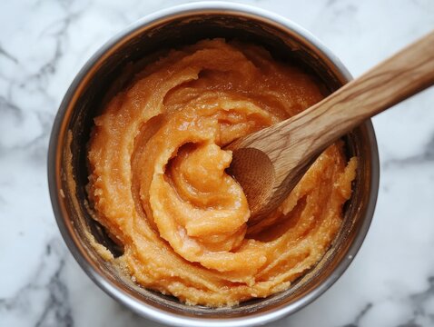 Creamy orange pumpkin puree in stainless steel bowl with wooden spoon stirring on white marble countertop backdrop for culinary inspiration and autumn recipes