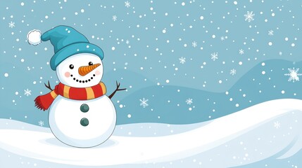 Fototapeta premium Cartoon Snowman on Snowy Landscape, Cute Winter Scene, Perfect for Holiday Greeting Card