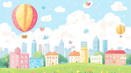 Cartoon Cityscape with Hot Air Balloons and Cheerful Atmosphere Illustration
