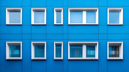 Geometric building facade presents royal blue wall with white window frames, creating symmetrical pattern and repeating grid in modern architectural design.
