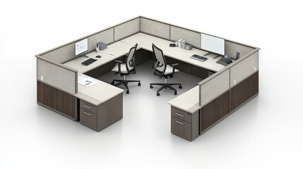 Open-space office layout with modern workstations, adjustable chairs, and neatly arranged desks.