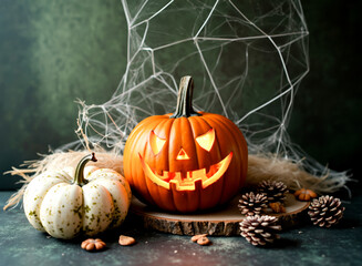 illuminated jack-o'-lantern with white pumpkin and autumnal decor