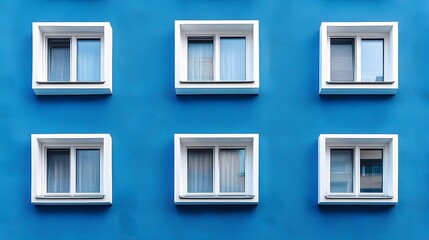 Geometric building facade presents royal blue wall with white window frames, creating symmetrical pattern and repeating grid in modern architectural design.