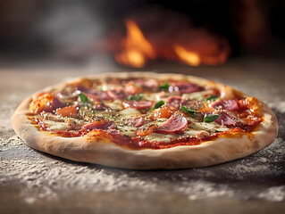 A mouthwatering wood-fired pizza with melted cheese, fresh herbs, and savory toppings sits on a...