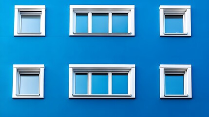 Geometric building facade presents royal blue wall with white window frames, creating symmetrical pattern and repeating grid in modern architectural design.