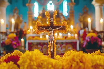 A cross with a man on it is surrounded by flowers