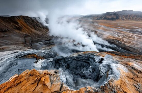 A volcanic landscape with steaming fumaroles emitting white smoke surrounded by barren, rugged terrain and rocky formations under an overcast sky.