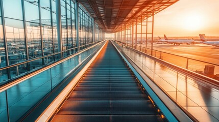 Modern Airport Terminal Walkway with Sunset Views and Illuminated Path in Urban Setting