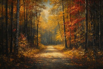 Autumn forest path, sunlight, fall colors, nature scene, tranquil landscape