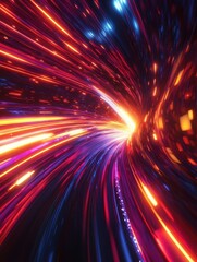 Vibrant abstract background with dynamic neon light streaks creating a futuristic, high-speed warp effect, perfect for technology visuals.