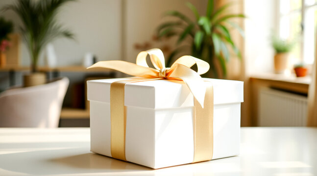elegant white gift box with golden ribbon