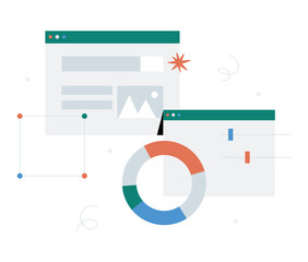 Data Analytics Dashboard With Charts And UI Elements In Flat Vector Illustration Symbolizing Web Analytics, Performance Metrics, And Data Visualization, Isolated On White Background.