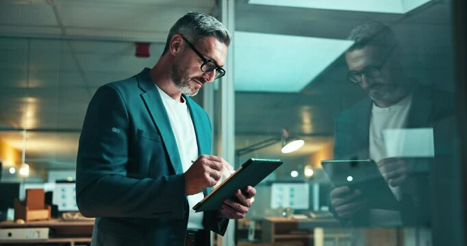 Online, stylus and man with tablet, office and trader with info for stock market, night and research. Browsing, late and checking for GDP growth, employee and person with app for investor in business