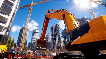 Naklejka premium Vibrant Construction Site with Heavy Machinery and Tower Cranes Under Bright Blue Sky in Urban Landscape
