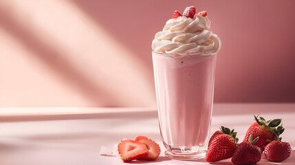 Delicious strawberry smoothie with whipped cream and fresh strawberries on a pink background. Refreshing treat.