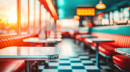 Vintage retro diner interior. Blurry retro diner interior with red booths and checkered floor, illuminated by warm sunset light and vibrant neon signs.