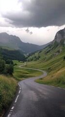Fototapeta premium Serene Mountain Road Under Cloudy Sky - A Breathtaking Landscape