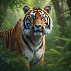 Fototapeta premium A tiger standing in front of forest background.