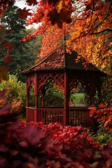 Autumn scenery in park with vintage gazebo, trees in background. Possible use travel