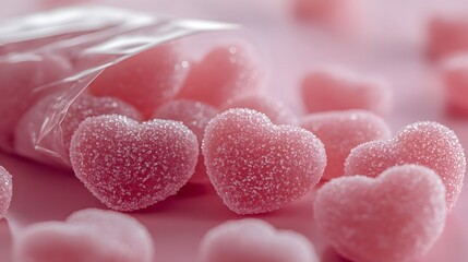 Obraz premium Heart-shaped candy scattered across soft pink background creates romantic Valentine's Day composition with pastel pink sugar hearts in dreamy, minimal styling.