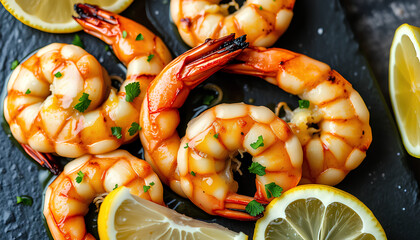 Close-up of golden grilled tiger prawns on a black slate plate, drizzled with garlic butter sauce, garnished with fresh herbs and lemon wedges