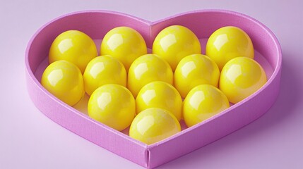 Yellow Balls Arranged in Heart Shaped Pink Box on Soft Purple Background