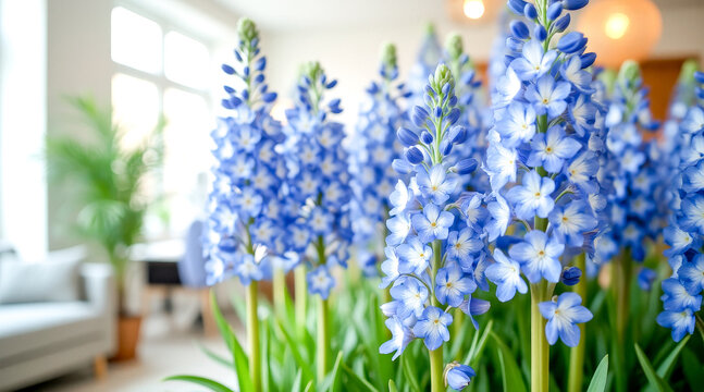 close-up of a cluster of light blue brodiaea flowers in a bright interior
