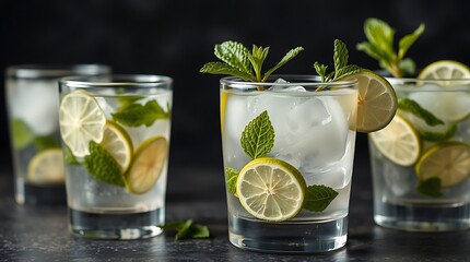 Fototapeta premium Close-up view of mojito cocktail in glasses, mint and limes on black, cocktail drinks concept