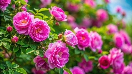 Pink Rosa damascena flowers on a shrub in a Bulgarian rose valley , pink flowers