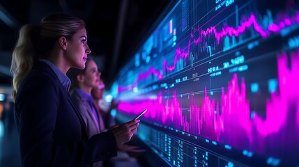 Business professionals analyzing financial data on a digital screen in a modern office setting