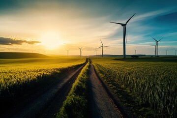 Obraz premium Aerial View of Field Road with Wind Turbines Backlit by Sunset in North Rhine Westphalia