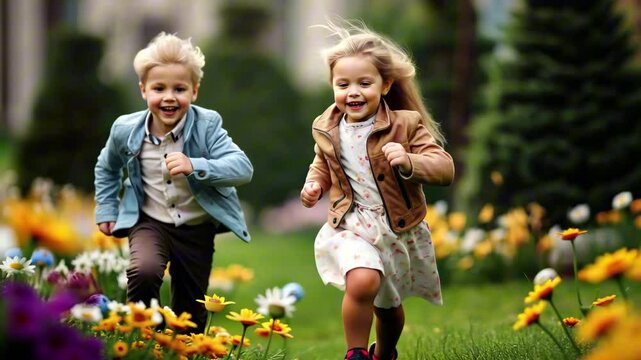 Children run joyfully through a flower garden on a sunny day in springtime