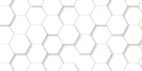 Abstract white and golden lines 3d Hexagonal structure futuristic background. Modern simple style hexagonal graphic concept. White hexagonal pattern background, with copy space abstract banner use.