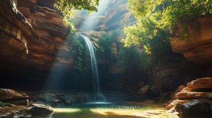 Sunlit Waterfall in Gorge, Lush Foliage, Tranquil Pool, Nature Scene, Travel Poster