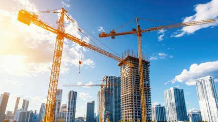 Fototapeta premium Construction Site with Cranes at Sunset, Urban Skyline with Tall Buildings and Bright Blue Sky, Modern Architecture and Development, City Expansion