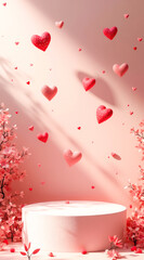 floating hearts and flowers around a blank pedestal
