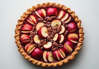 Delicious classic apple pie with glossy red apples, pecans, and a flaky crust, beautifully arranged for a tempting dessert showcase