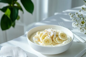 Banana Coconut Bowl overhead shot of a bowl with banana slices and coconut flakes, with a palm leaf and white cutlery on a white surface.
