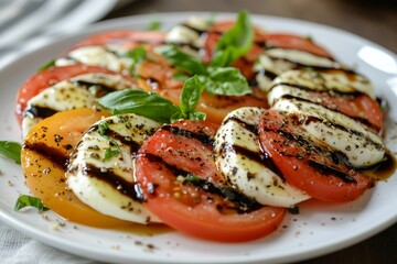 Caprese salad, balsamic glaze, basil, kitchen, food photography